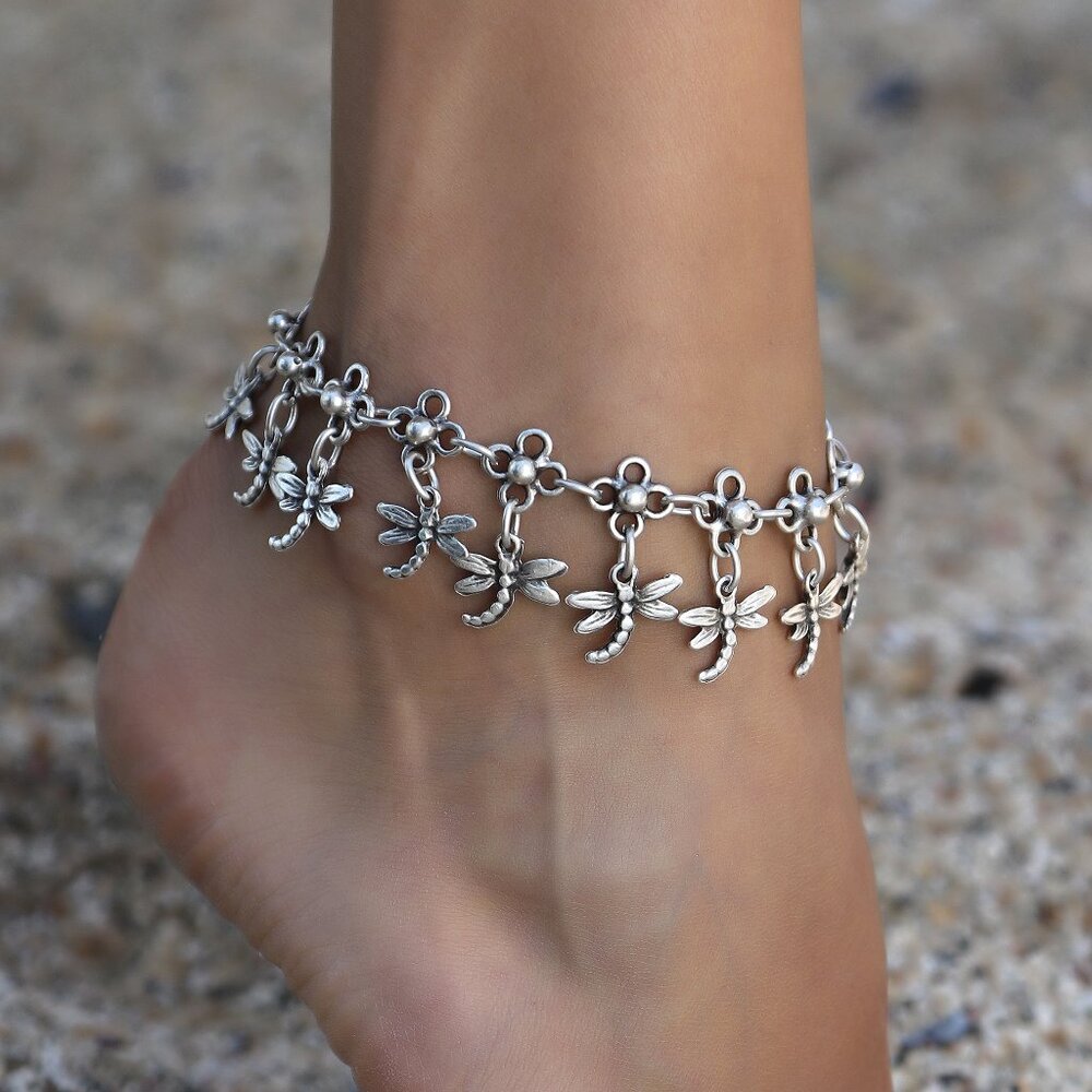 Antique Silver Plated Hand Made Dragonfly Anklet
